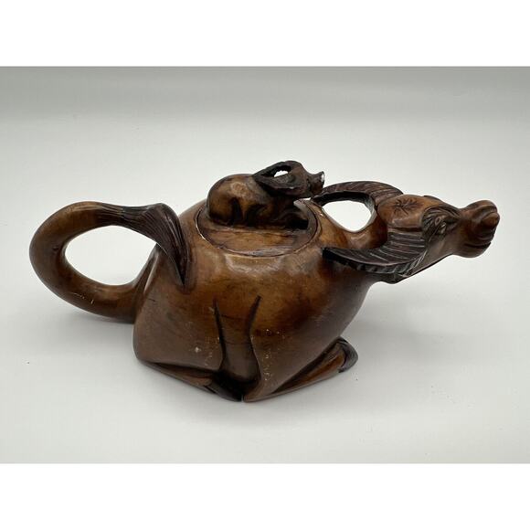Hand Carved Chinese Brown Stained Soapstone Water Buffalo Lidded Creamer - Picture 1 of 14